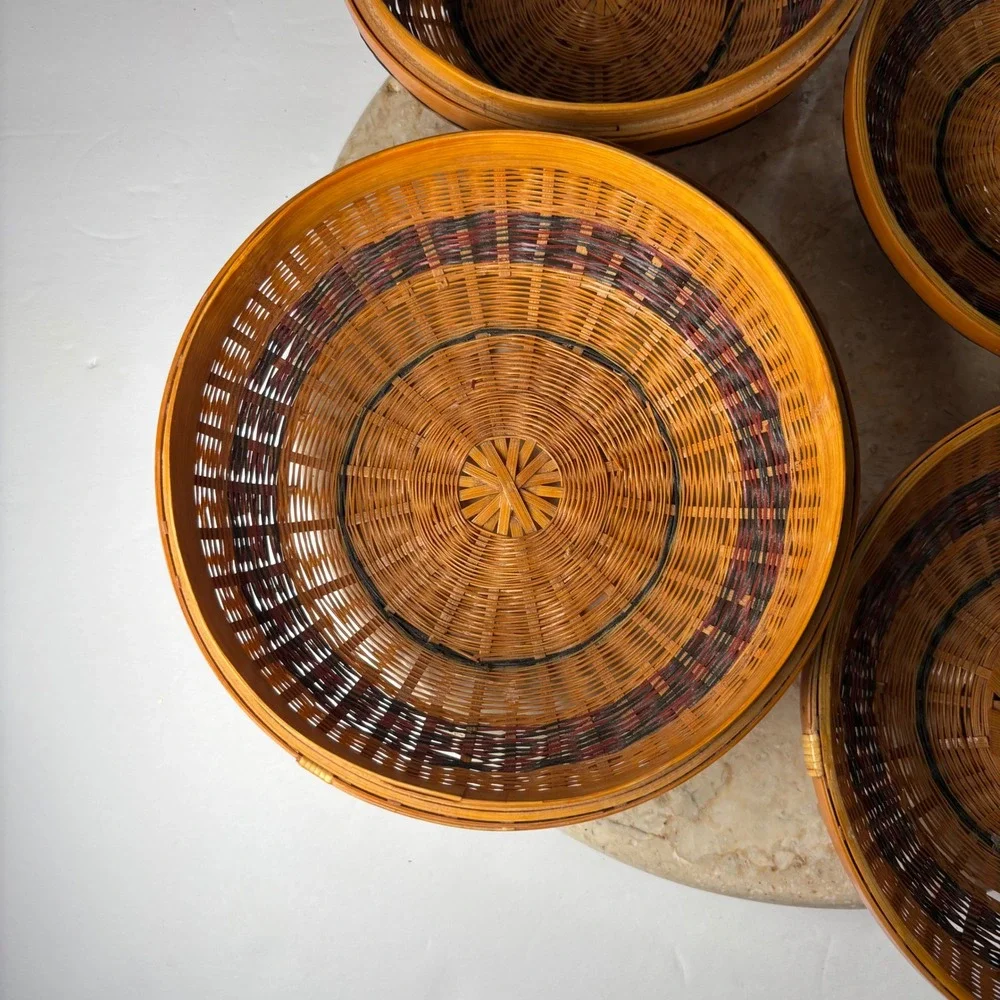 2 Vintage Hand Woven Nesting Baskets Brown‎ Woven Boho Circular Stackable